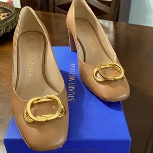 Stuart Weitzman Tan Heels with Gold Buckle